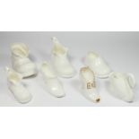 A large bone china tag boot, 12cm, a smaller example, a clog slipper, a boot with a lace hole, a