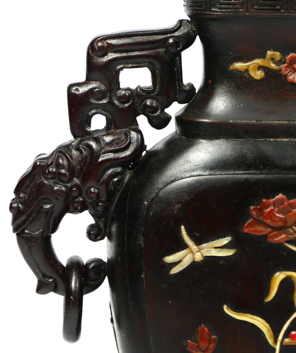 A Chinese hardwood baluster vase, probably Republican period, one side with mother of pearl and - Image 4 of 9