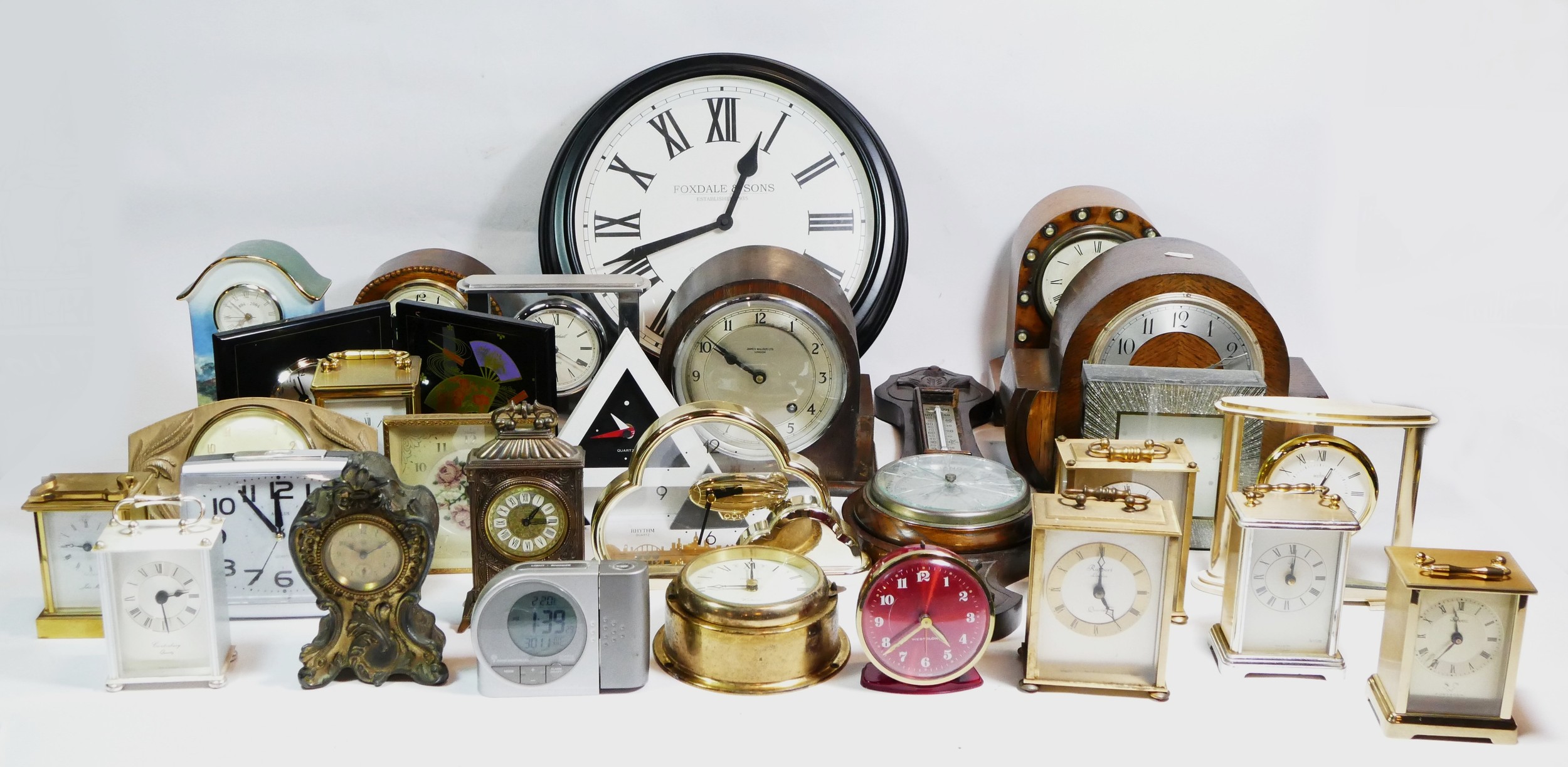 Six boxes of early 20th century and later mantel, anniversary, lantern, carriage and wall clocks,