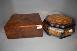 A burr wood smokers humidor and a musical themed sewing case