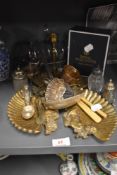 A selection of brass and plated wares including three brass soap dishes