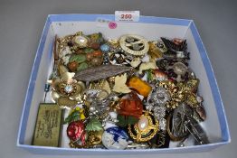 A selection of brooches of various forms including ceramic, mosaic, plastice etc