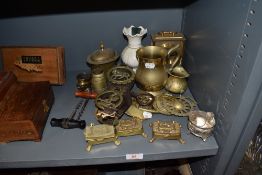 A selection of brass wares including pill boxes and Belleek vase