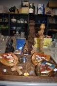A selection of treen wood items including serving tray and tribal carved figures