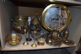 A selection of brass wares and pewter including large brass framed shaving mirror