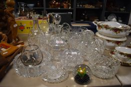 A selection of clear cut and crystal glass wares including large fruit bowls