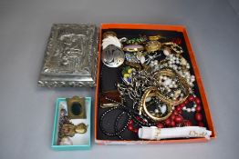 A selection of costume jewellery including plated chains, brooches, hematite beads etc