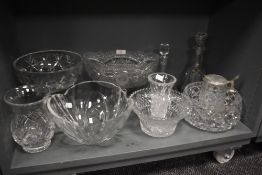 A selection of clear cut crystal glass wares including footed bowl and vase etc