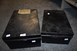 Two vintage metal deed box or cases