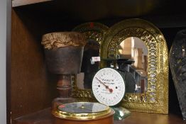 A selection of hardware items including Waymaster balance scale and pair of brass mirrors