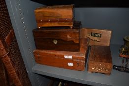 A selection of wooden cases and humidor including rose wood case trinket box