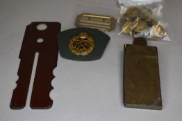 A WW1 Trench Mirror, RAF Buttons, RAF Cap Badge, 1952 Bakelite Button Cleaner and a Military Belt