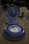 A selection of blue and white wear dinner and dessert plates including Copeland Spode