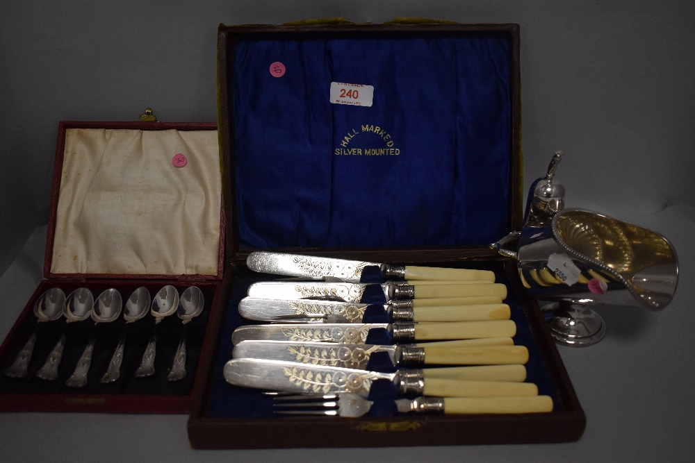 A small selection of silver plate including sugar scuttle, and cased flatware