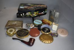 A selection of misc vintage items including a lacquered piano jewellery box, Minuette musical