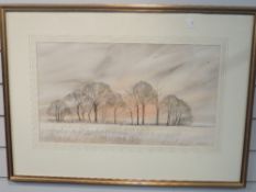 A watercolour, Hilldred, winter landscape, signed, 30 x 53cm, plus frame and glazed