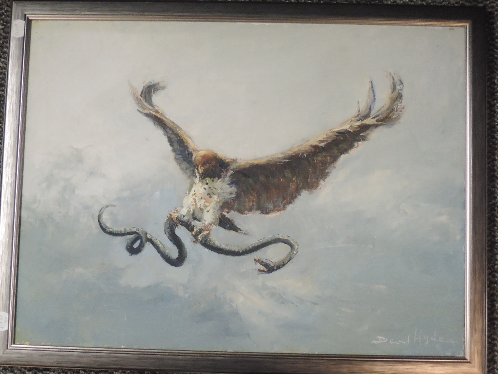 Am oil painting, David Hyde, eagle and snake, signed, 45 x 60cm, plus frame and glazed