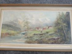 An oil painting, G Follini, Alpine landscape, signed, 39 x 80cm, plus frame