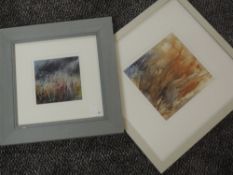 A watercolour, Christine Jones, Hidden Bitten, signed and attributed verso, 18 x 18cm, and a mixed