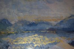 An acrylic Fjord by Linda Birch. Signed glazed and framed