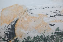 A Multi block lino cut Porthmellon Beach, St Mary's Isle of Scilly by Sue Bourne. Signed, framed and