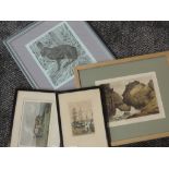 A print, hare, 22 x 18cm, two engravings C19th, and an etching St Malo, 12 x 8cm, each plus frame