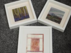 A pair of mixed media paintings, Turefall, Spring Woodland, and Over The Wall, 14 x 14cm, plus frame