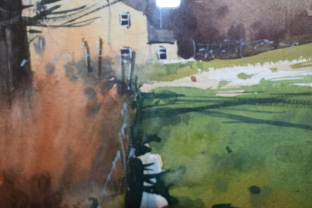 A watercolour Fenceline by Paul Talbot-Greaves. Signe,framed and glazed