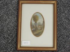 An oil painting, Tassinari, oval study, river cottage, signed, 12 x 8cm, plus frame and glazed