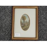 An oil painting, Tassinari, oval study, river cottage, signed, 12 x 8cm, plus frame and glazed