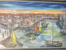 An oil painting, Drecki Exmouth harbour, signed 73 x 122cm, plus frame