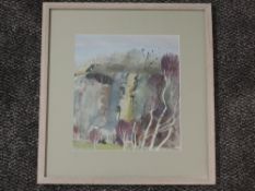 A mixed media painting, Fiona Clucas, Jackdaws and Birches, Trowbarrow quarry, signed and dated