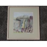 A mixed media painting, Fiona Clucas, Jackdaws and Birches, Trowbarrow quarry, signed and dated