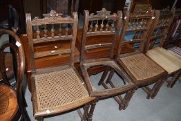 A set of four Victorian bedroom chairs two with cane seat, one with no seat and one with ply seat