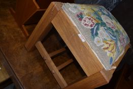 A late C20th golden oak craftsman stool having inset tapestry top