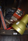 A mixed lot containing vintage segmented pan, radiator cap, desk lamp and more.