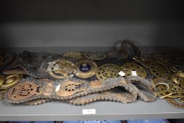 An assortment of vintage horse brasses and straps.