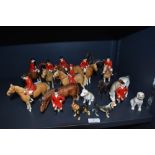 A vintage ceramic hunting scene including dogs and horses with riders, also included are two metal