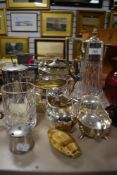 A mixture of plated ware and glass amongst this collection there are a decanter and lead crystal