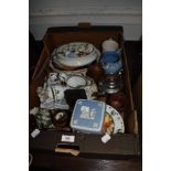 A mixed box of vintage and antique ceramics amongst which is a Wedgwood trinket box, figurines,