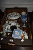 A mixed box of vintage and antique ceramics amongst which is a Wedgwood trinket box, figurines,