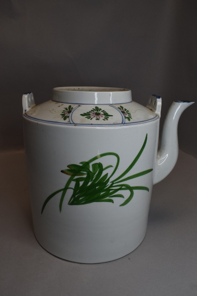 A large oriental tea pot having hand painted bird and floral design, missing lid. - Image 2 of 2