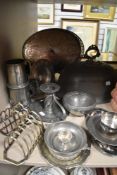 An assortment of table ware and similar including pewter candle stick holder,bowls, trays,[plated