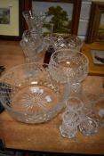 A selection of cut glass and similar including bowls, vases, bells and more.