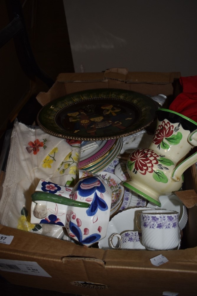 A mixed lot of items including vintage and antique plates, jugs, cups and saucers and more,some AF.