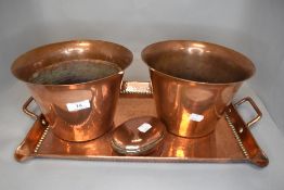 Two antique copper planters, a tray and a soap tin.