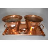 Two antique copper planters, a tray and a soap tin.
