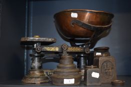 A vintage set of Day and Millward weighing scales with weights.