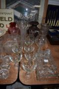 A mixture of vintage glass including etched fruit bowl,vases and jugs.