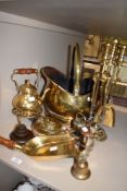 A brass coal helmet, fireside companion set and similar.